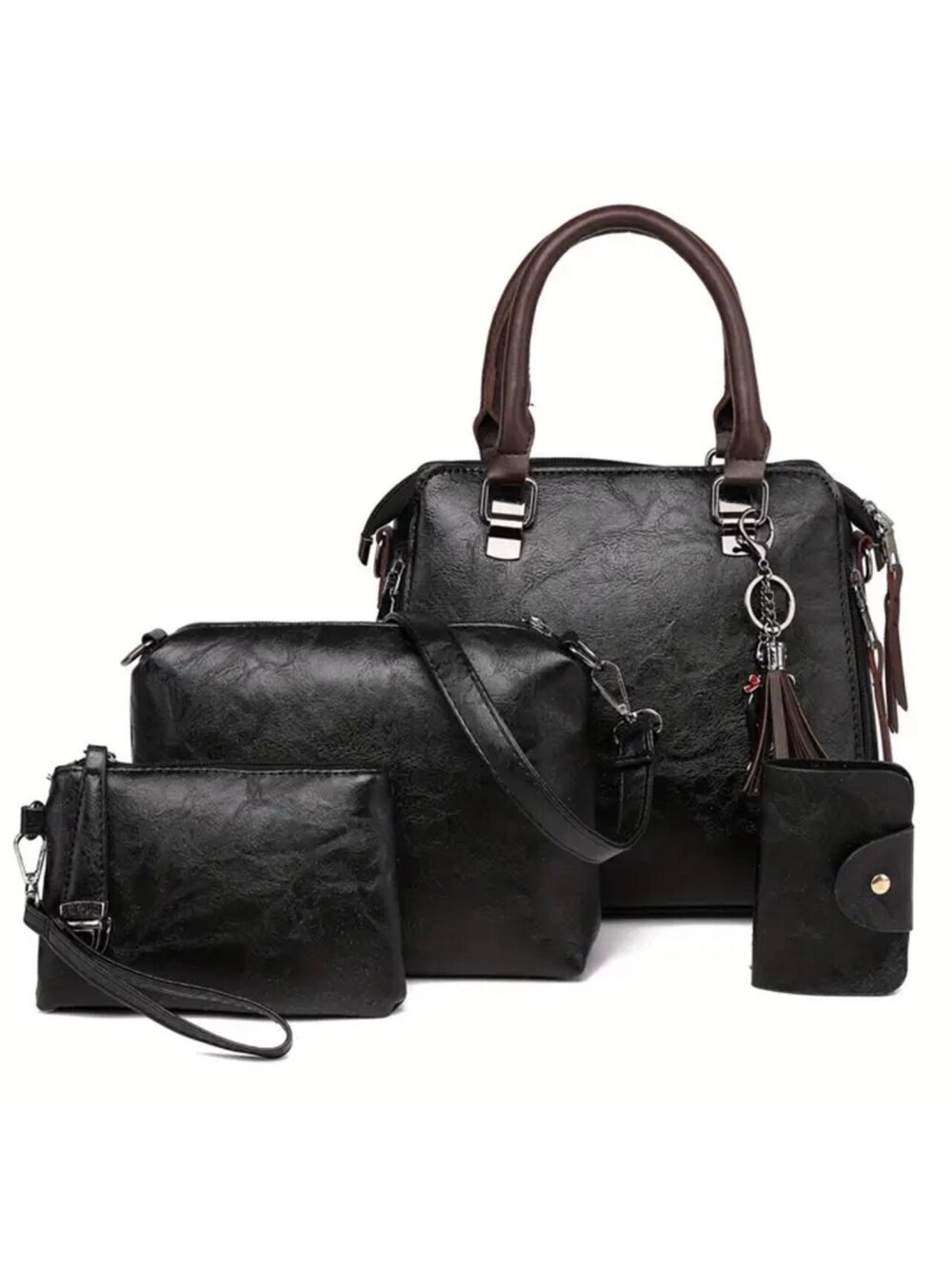New -Trendy -4Pcs Vintage Inspired Faux Leather Handbag /Tote Set -Black